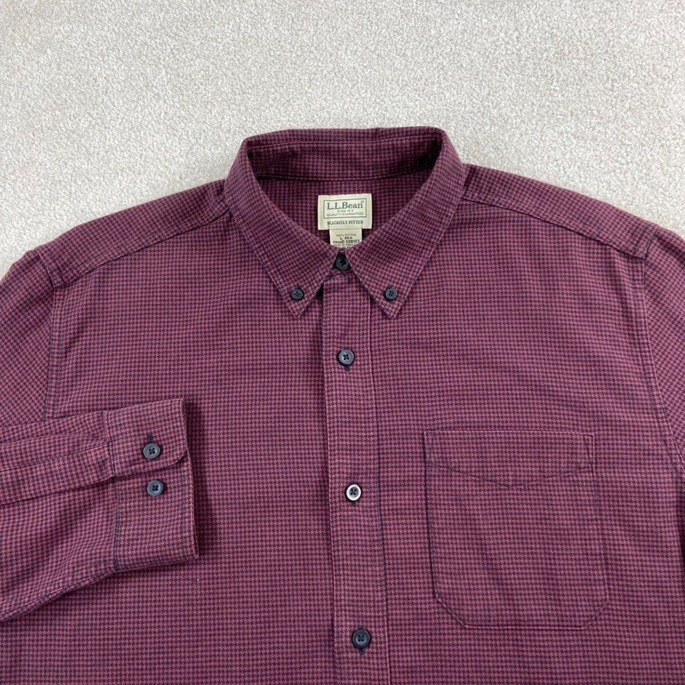 L.L. Bean Button Down Shirt Mens L Large Burgundy Houndstooth Slightly Fitted